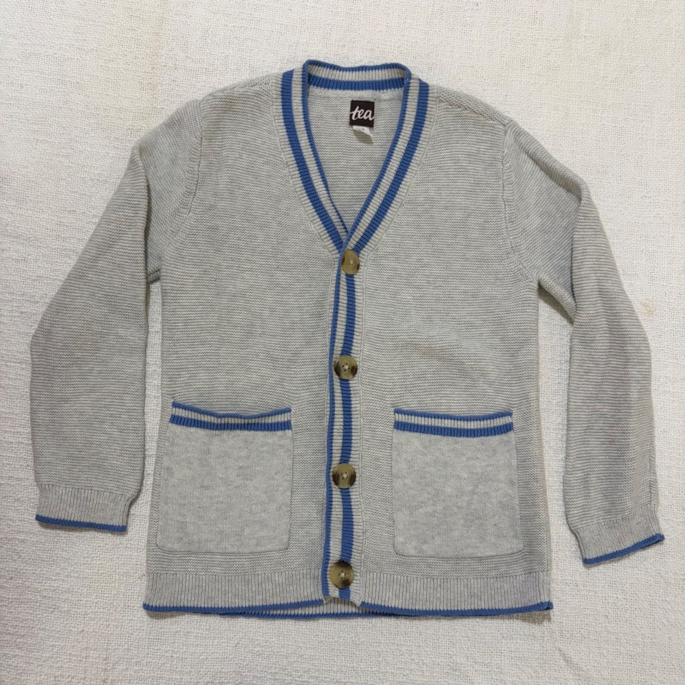 Tea Collection Boys Gray Blue Striped Knit Cardigan Sweater Size S 4-5